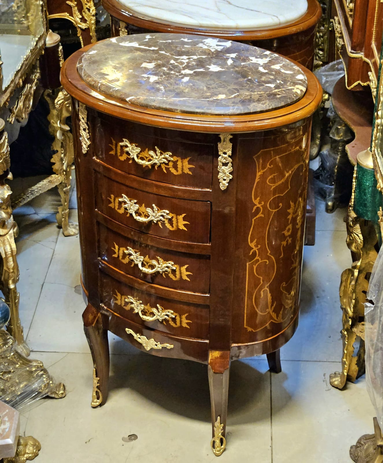 French Louis XV Style Marble Top Commode – 4 Drawer Accent Chest with Gold Leaf Details