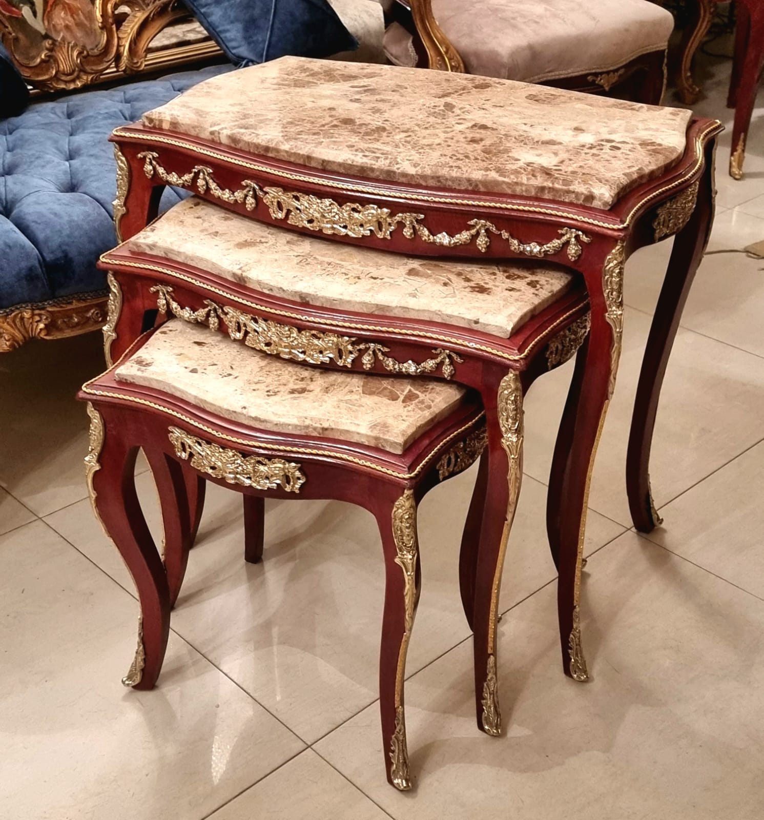 Rococo Style Marble Top Nesting Tables – Set of 3 with Gold Leaf Accents