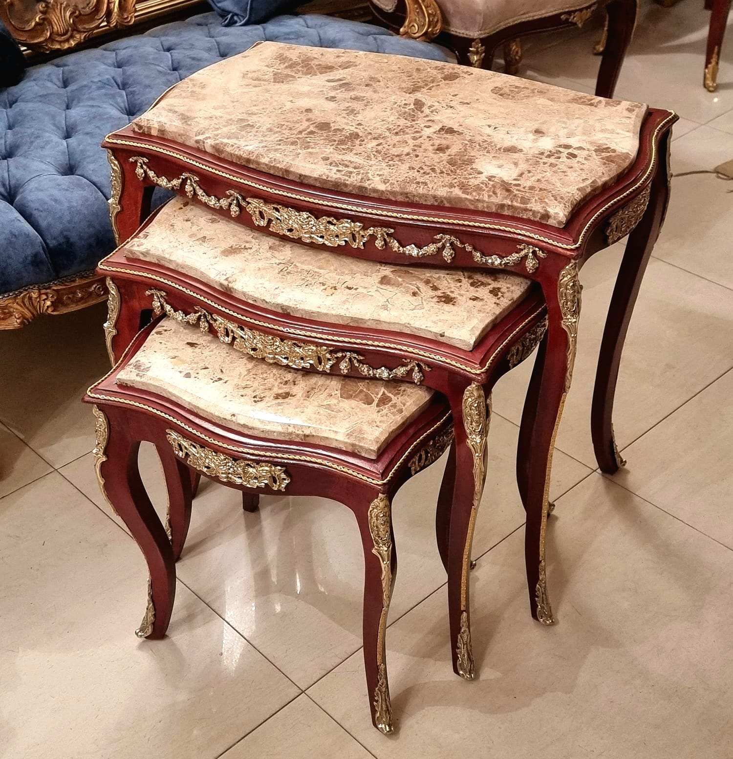 Rococo Style Marble Top Nesting Tables – Set of 3 with Gold Leaf Accents