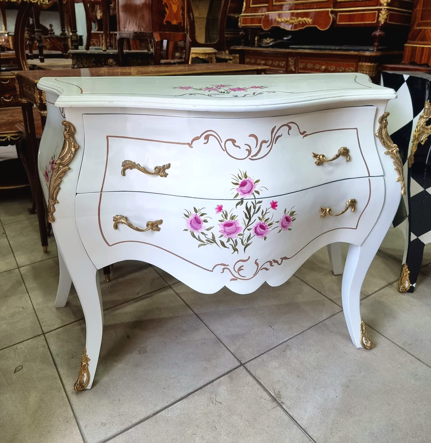 French Louis XV Style White Commode – Marble Top Dresser with Gold Details, 2 Drawer French Chest, Luxury European Furniture
