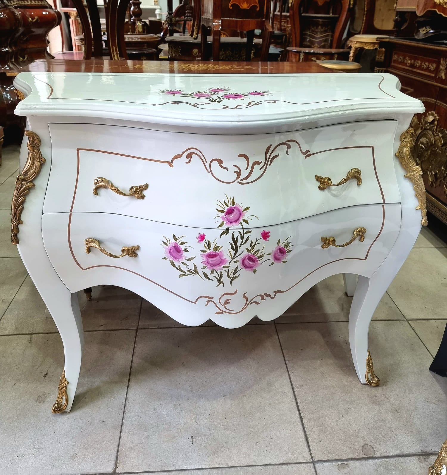 French Louis XV Style White Commode – Marble Top Dresser with Gold Details, 2 Drawer French Chest, Luxury European Furniture