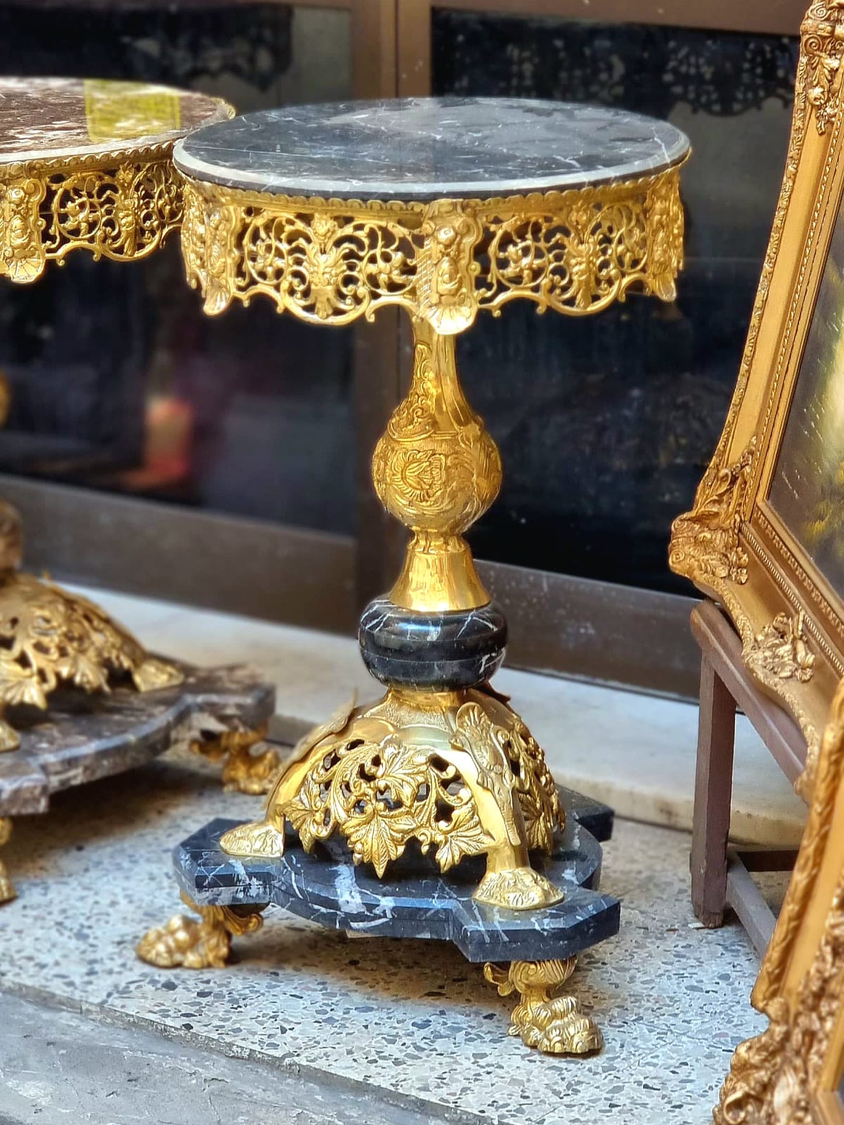 Luxury Black Marble Occasional Table – French Rococo Style with Gold Leaf
