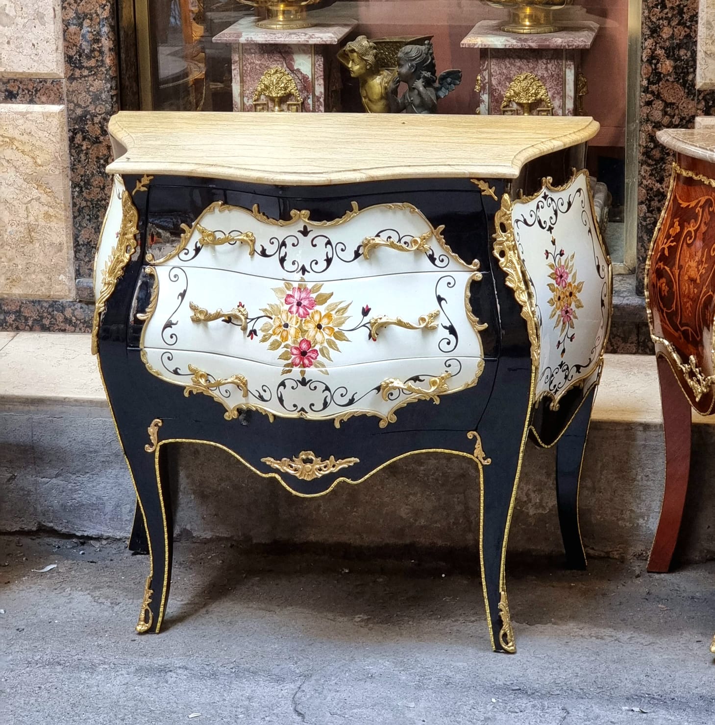 French Rococo Style Bombe Commode – 3 Drawer Floral Chest with Marble Top & Gold Leaf Details