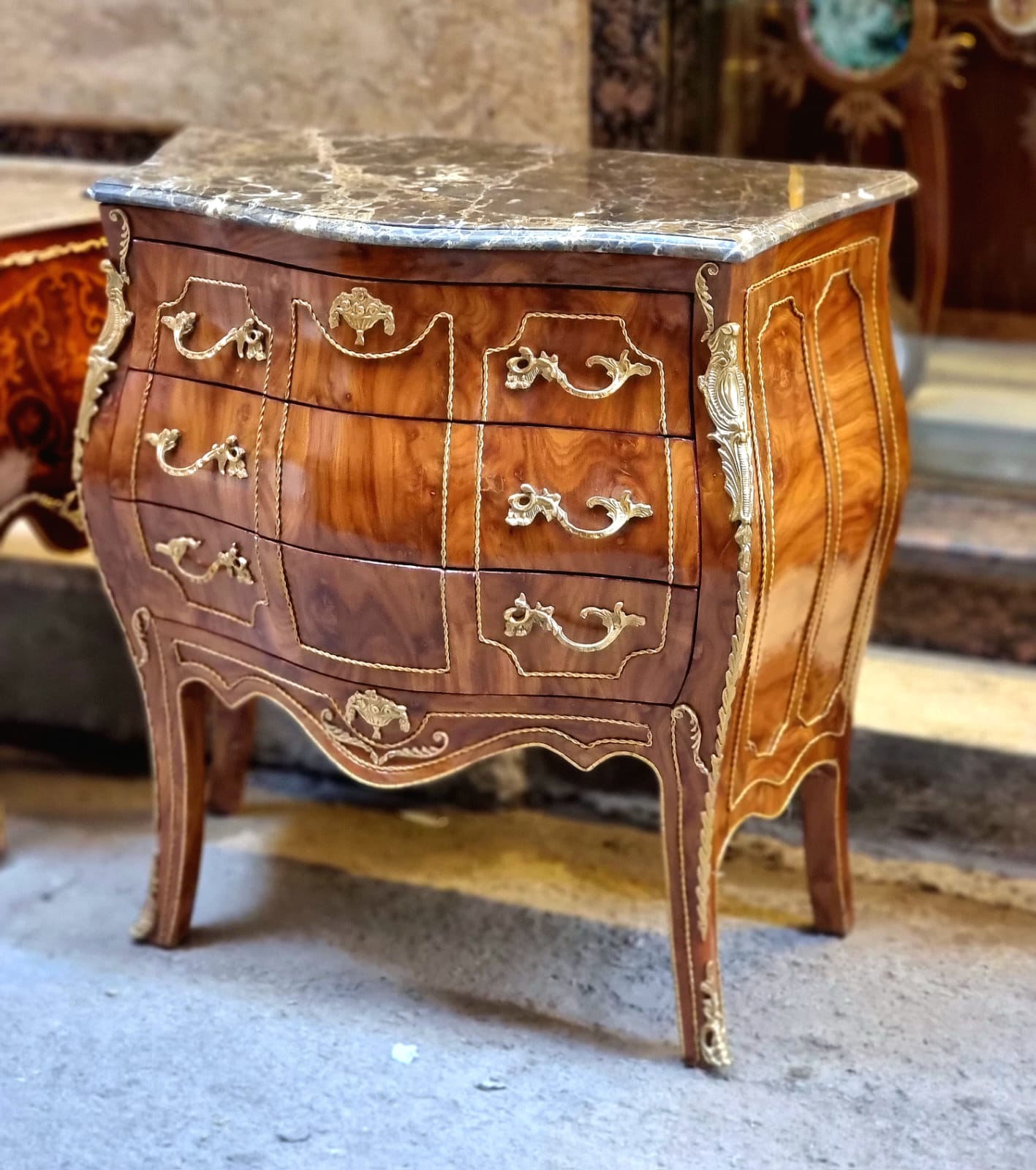 Elegant French 3 Drawer Commode – Curved Bombe Chest with Marble Top