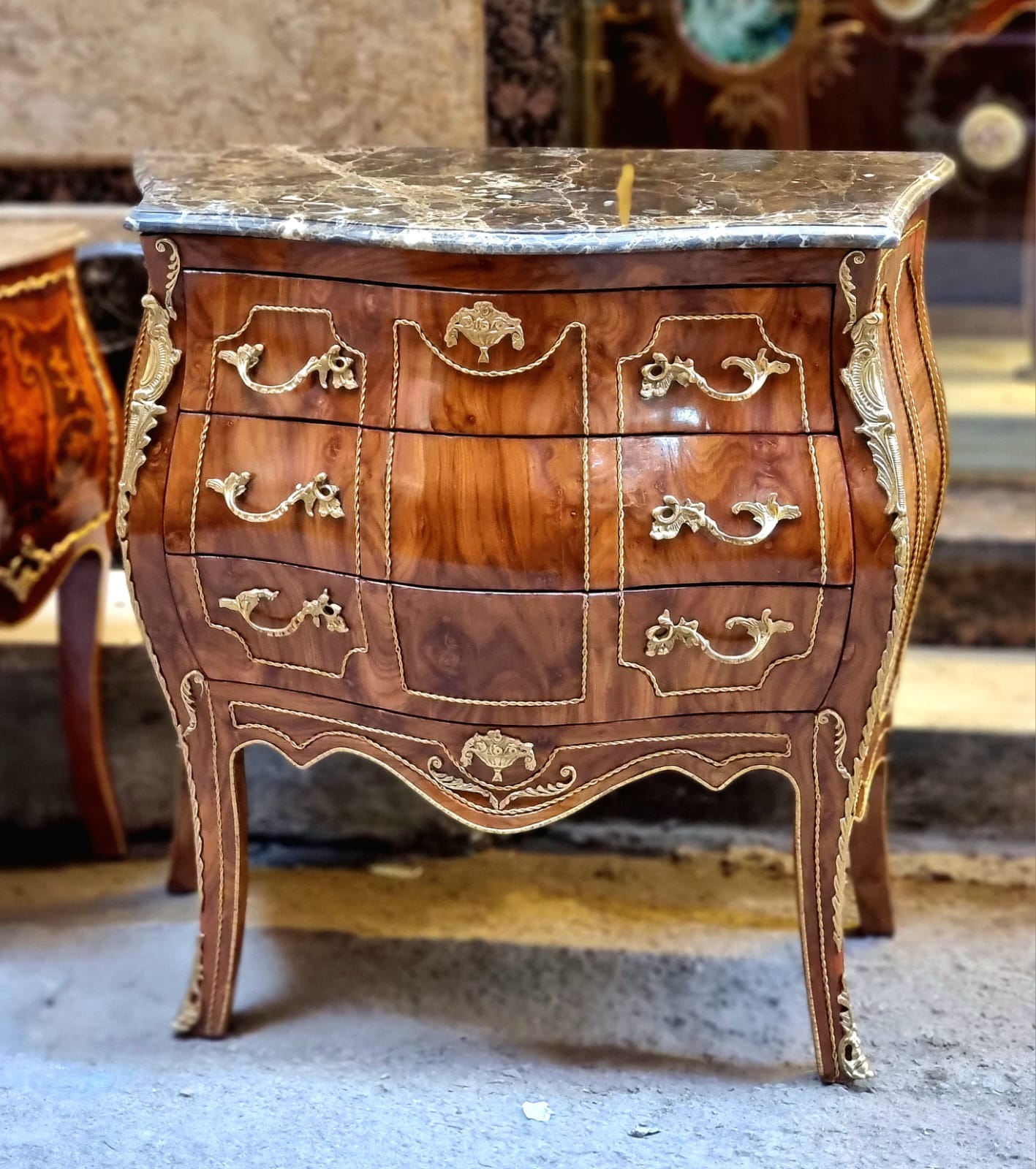 Elegant French 3 Drawer Commode – Curved Bombe Chest with Marble Top