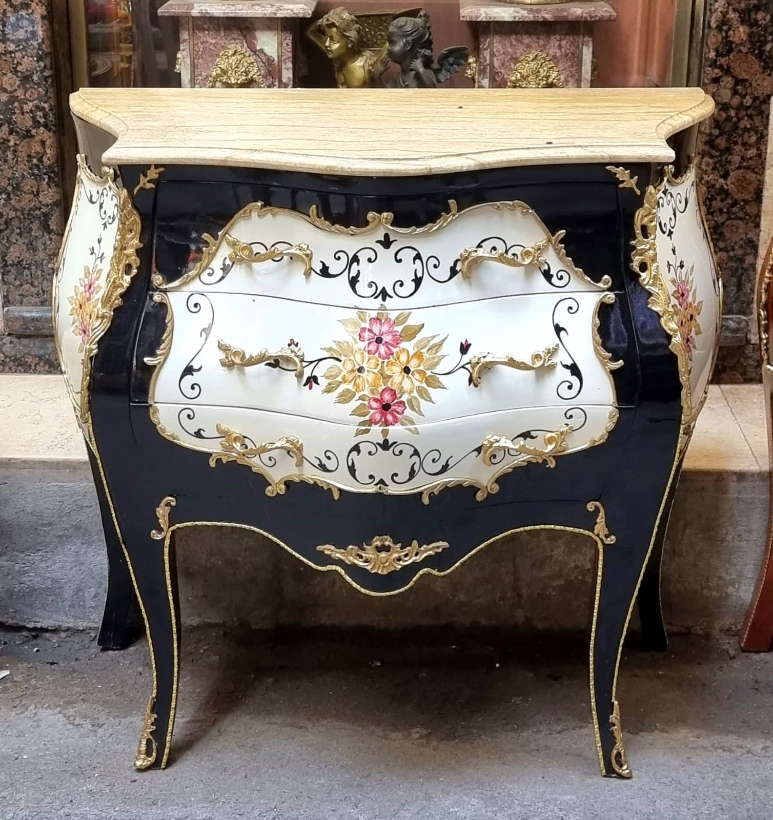 French Rococo Style Bombe Commode – 3 Drawer Floral Chest with Marble Top & Gold Leaf Details