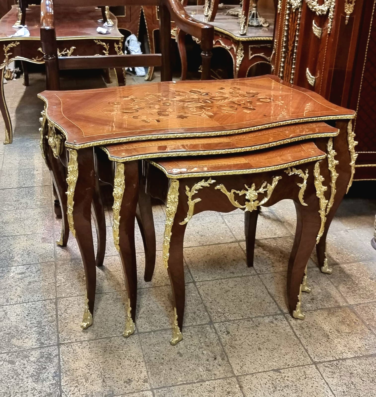 Italian Rococo Style Nesting Tables – Set of 3 with Gold Leaf Accents