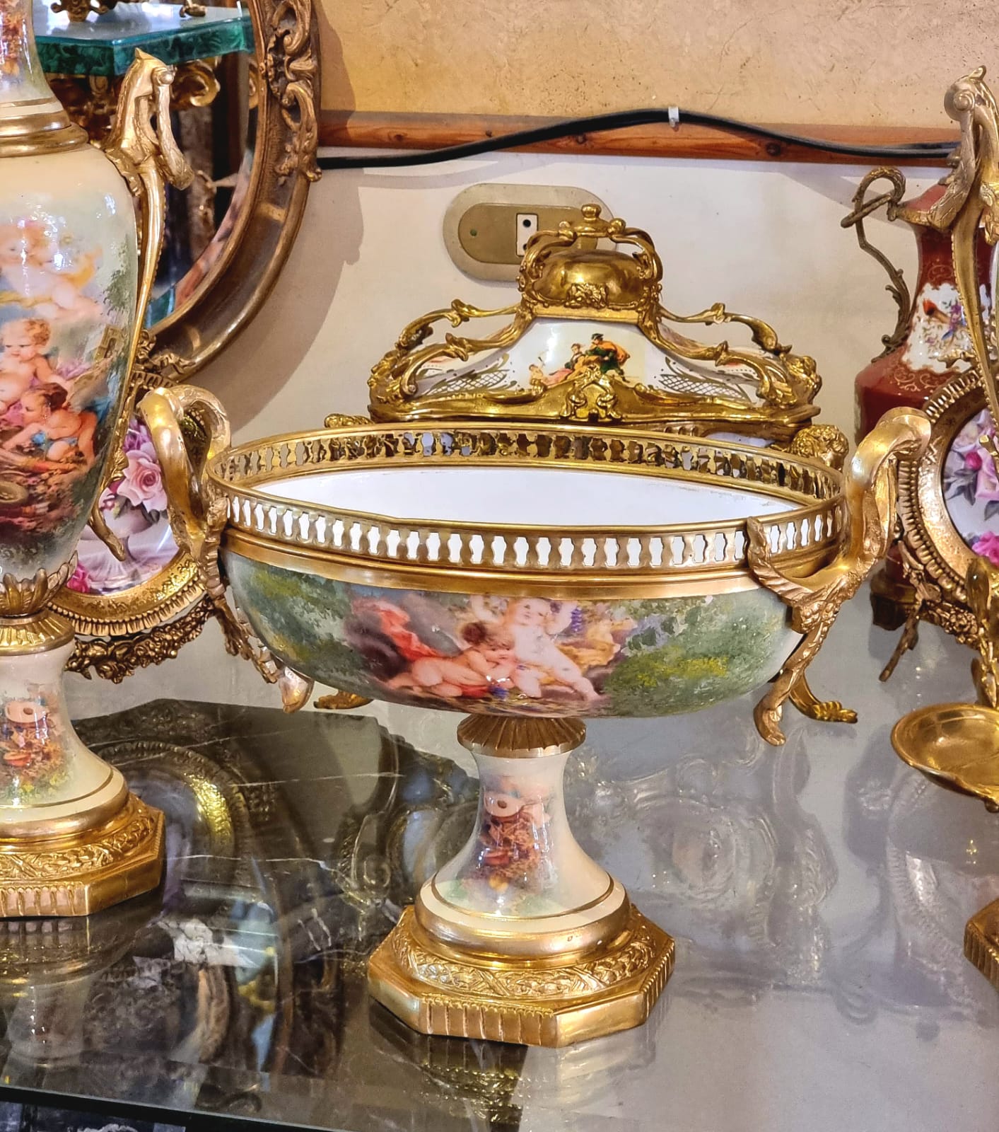 French Louis XV Style Porcelain Garniture Set – Antique White, Soft Green & Pink with Bronze Details, 3-Piece Collection