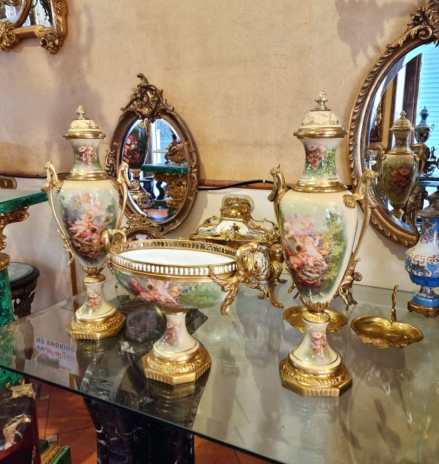 French Louis XV Style Porcelain Garniture Set – Antique White, Soft Green & Pink with Bronze Details, 3-Piece Collection
