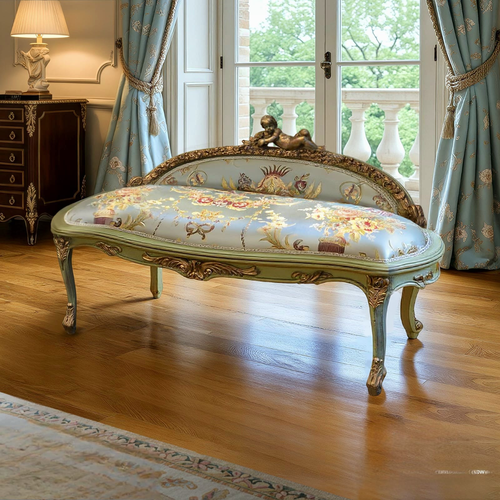 Vintage French Rococo White Settee – Gold Leaf Frame, Ornate Cherub Top & Damask Upholstery