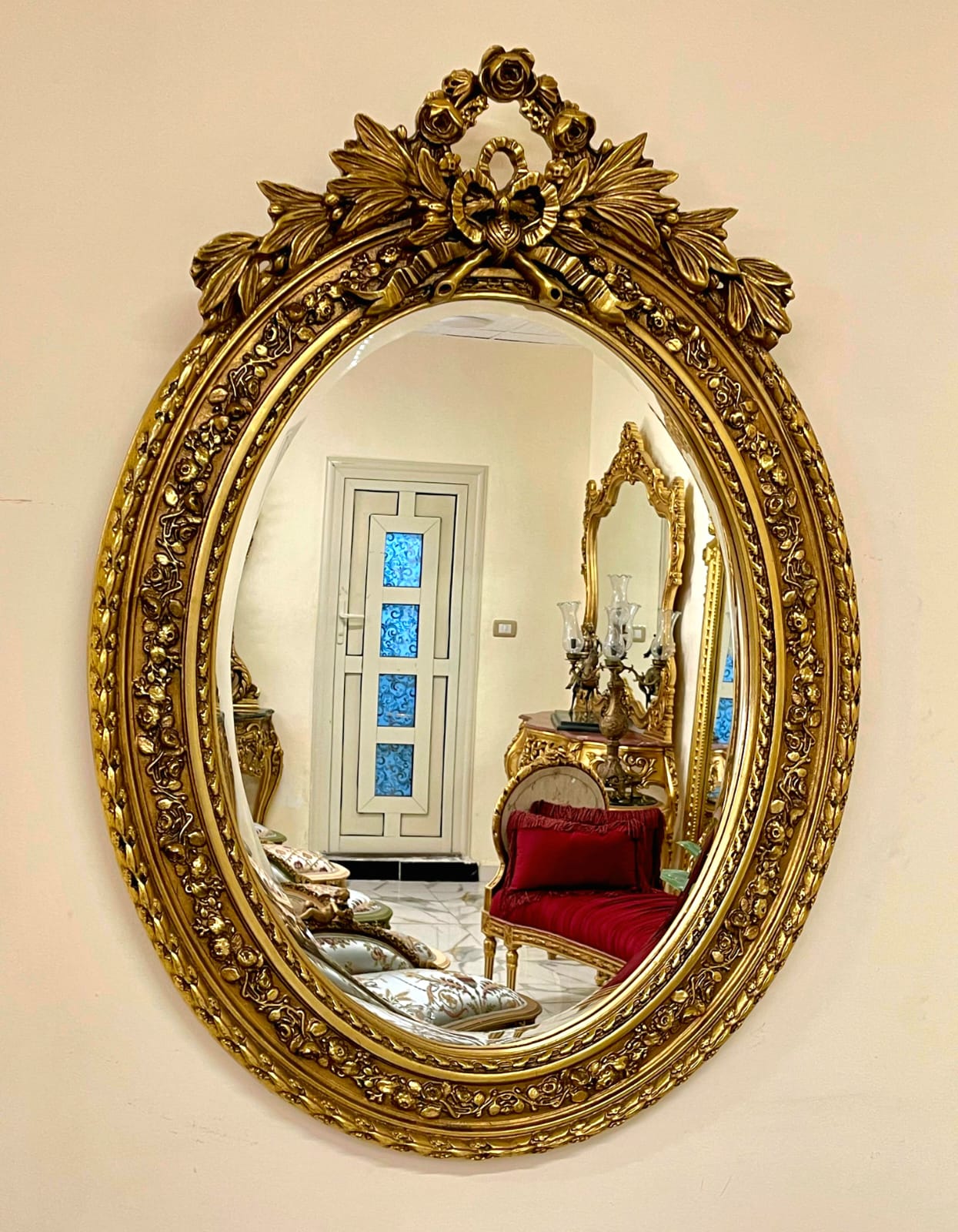 Grand Italian Rococo Oval Wall Mirror with Floral Gold Leaf Frame