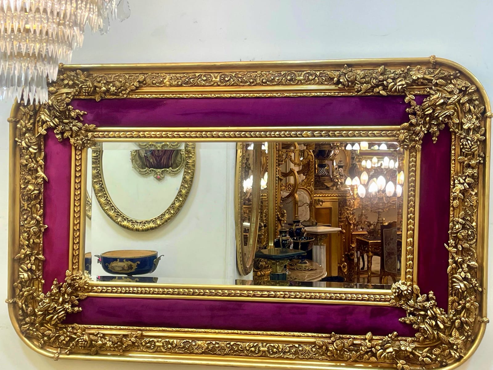 Grand Rococo Style Gold Wall Mirror with Burgundy Velvet Accents & Bronze Details