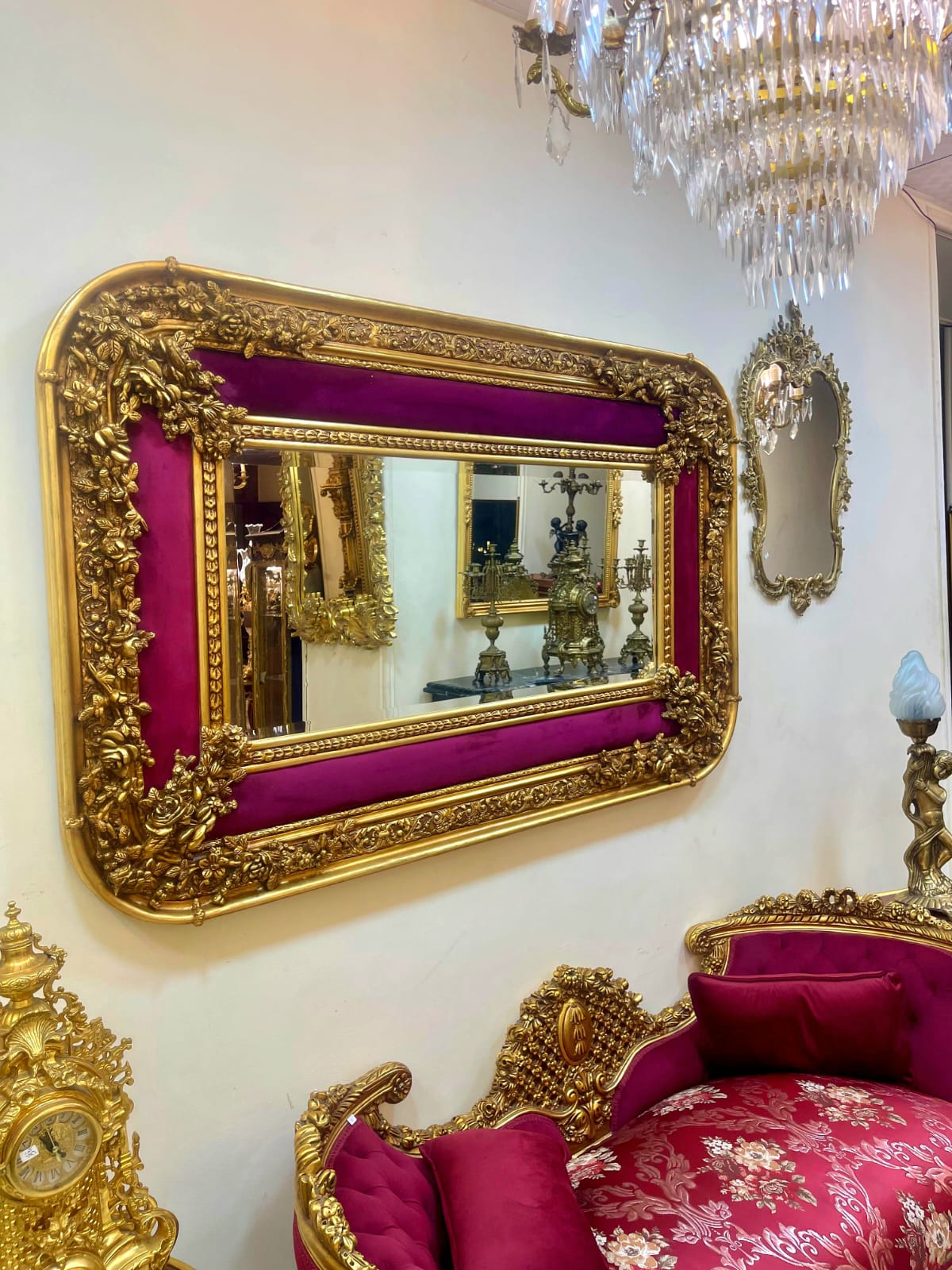 Grand Rococo Style Gold Wall Mirror with Burgundy Velvet Accents & Bronze Details