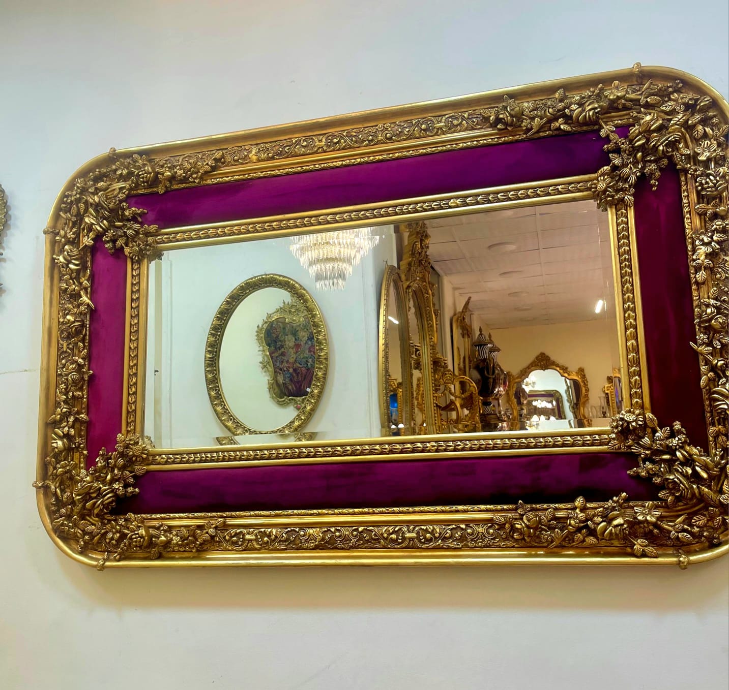 Grand Rococo Style Gold Wall Mirror with Burgundy Velvet Accents & Bronze Details