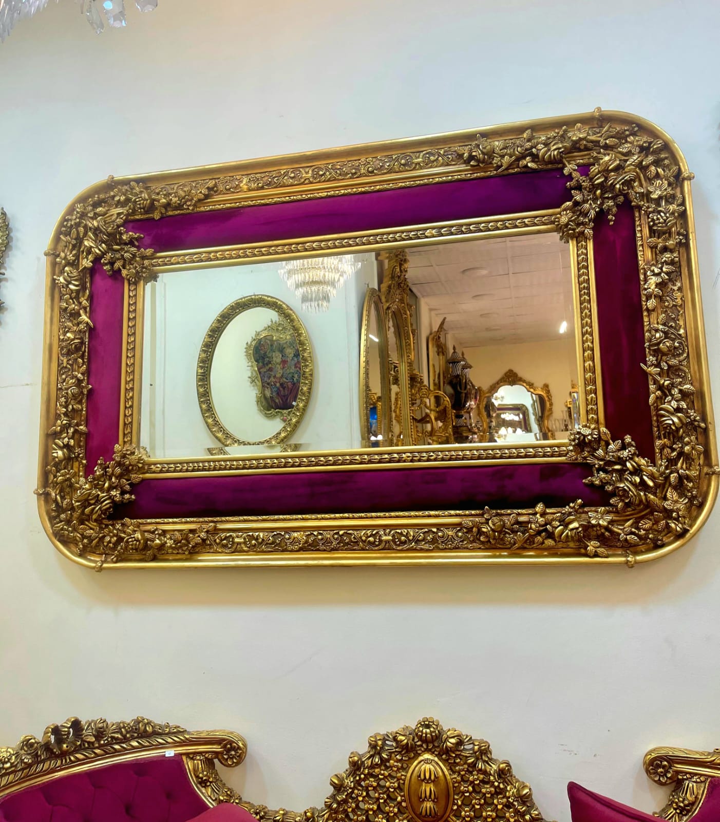 Grand Rococo Style Gold Wall Mirror with Burgundy Velvet Accents & Bronze Details