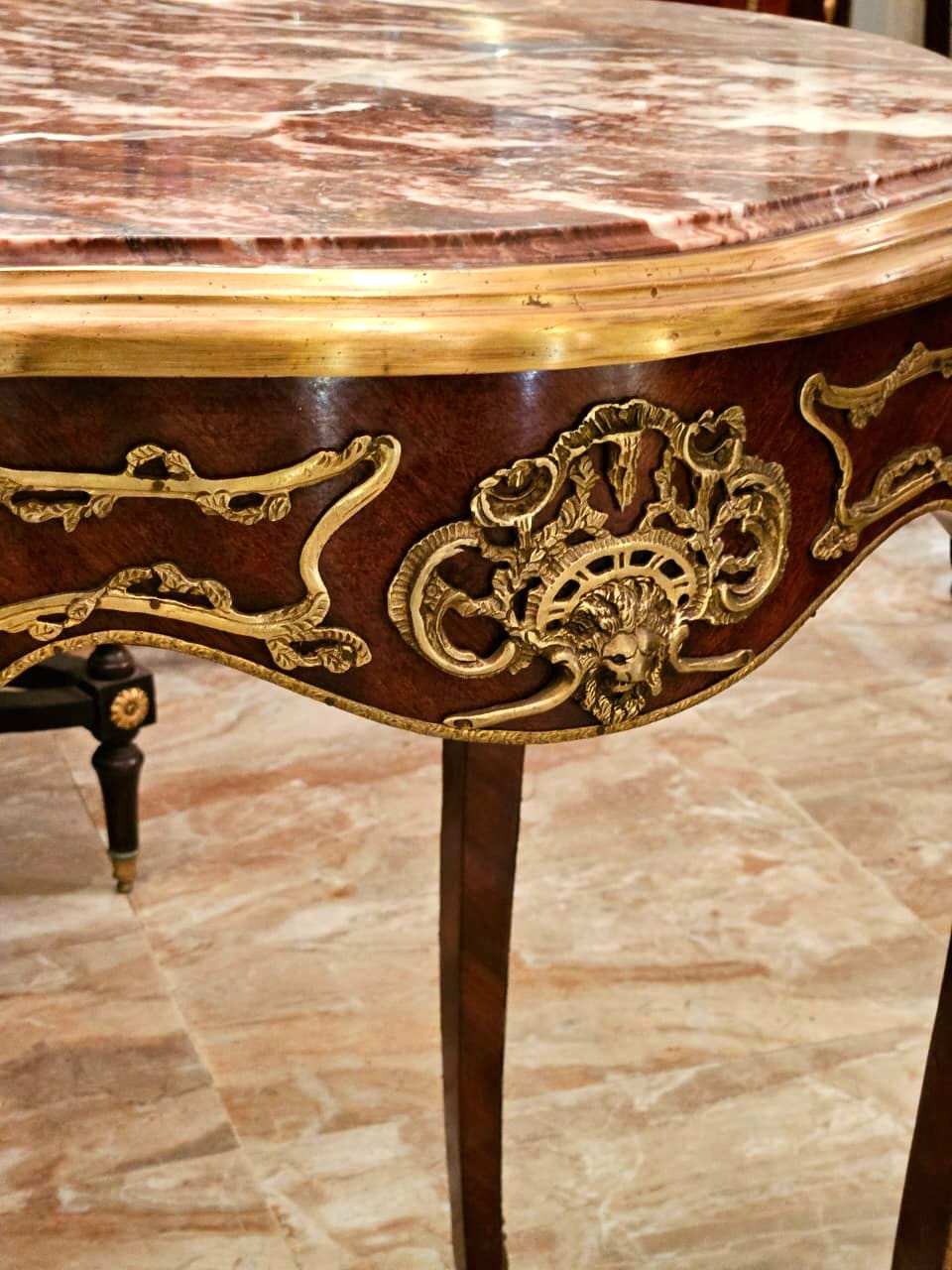 Luxury French Accent Table with Multicolor Marble Top and Ornate Bronze Details