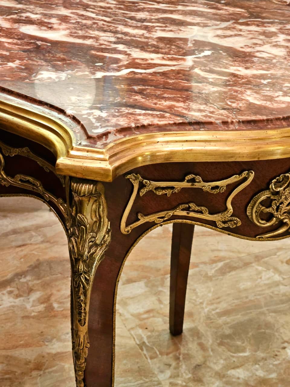 Luxury French Accent Table with Multicolor Marble Top and Ornate Bronze Details