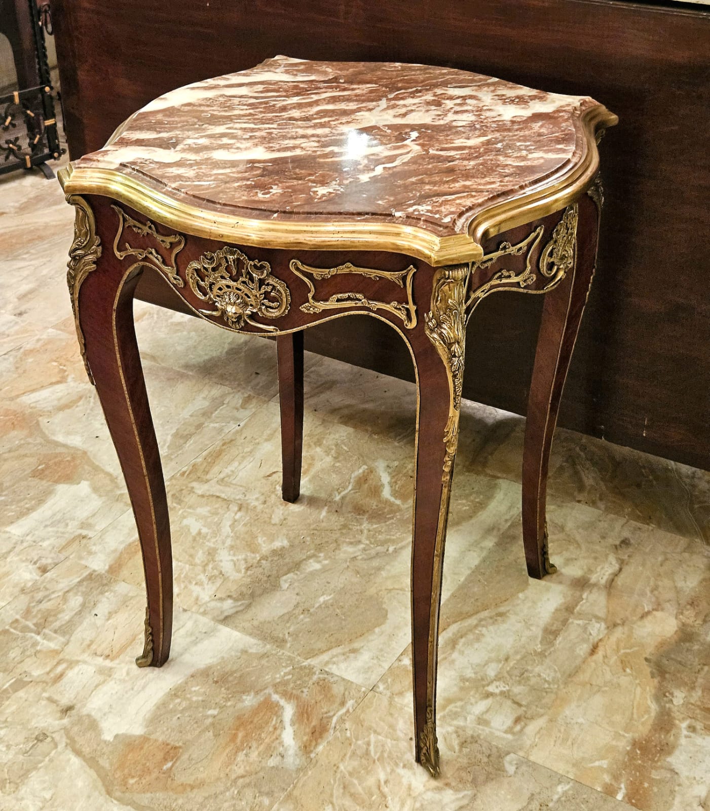 Luxury French Accent Table with Multicolor Marble Top and Ornate Bronze Details