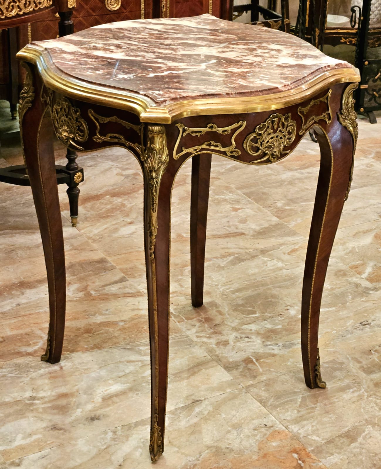 Luxury French Accent Table with Multicolor Marble Top and Ornate Bronze Details