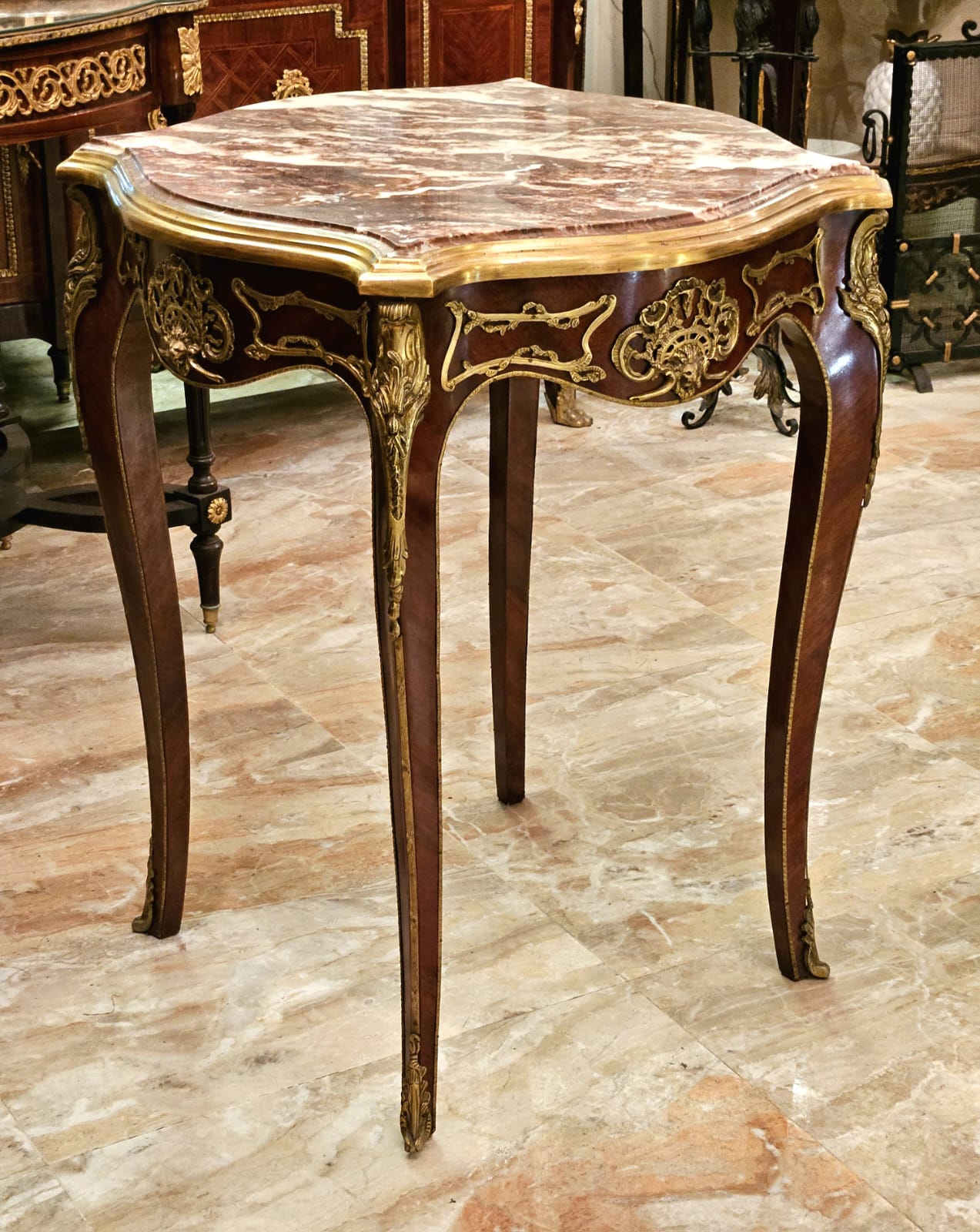 Luxury French Accent Table with Multicolor Marble Top and Ornate Bronze Details