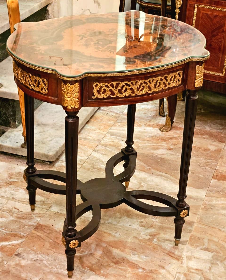 French Style Wood Side Table with Glass Top, Bronze Accents & Gold Leaf Details