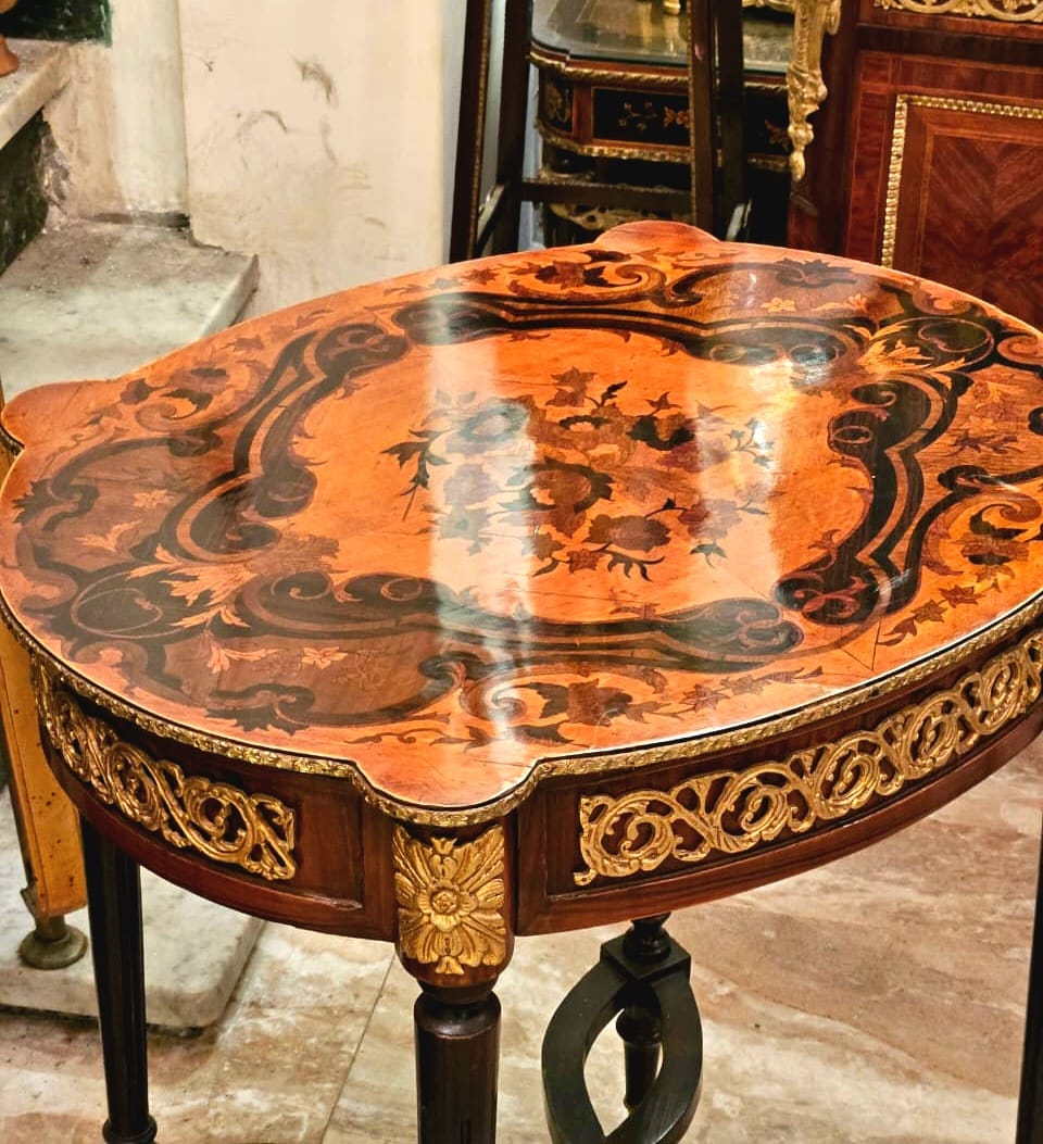 French Style Wood Side Table with Glass Top, Bronze Accents & Gold Leaf Details