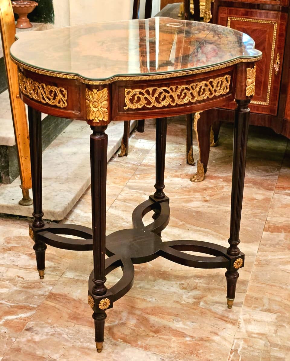 French Style Wood Side Table with Glass Top, Bronze Accents & Gold Leaf Details