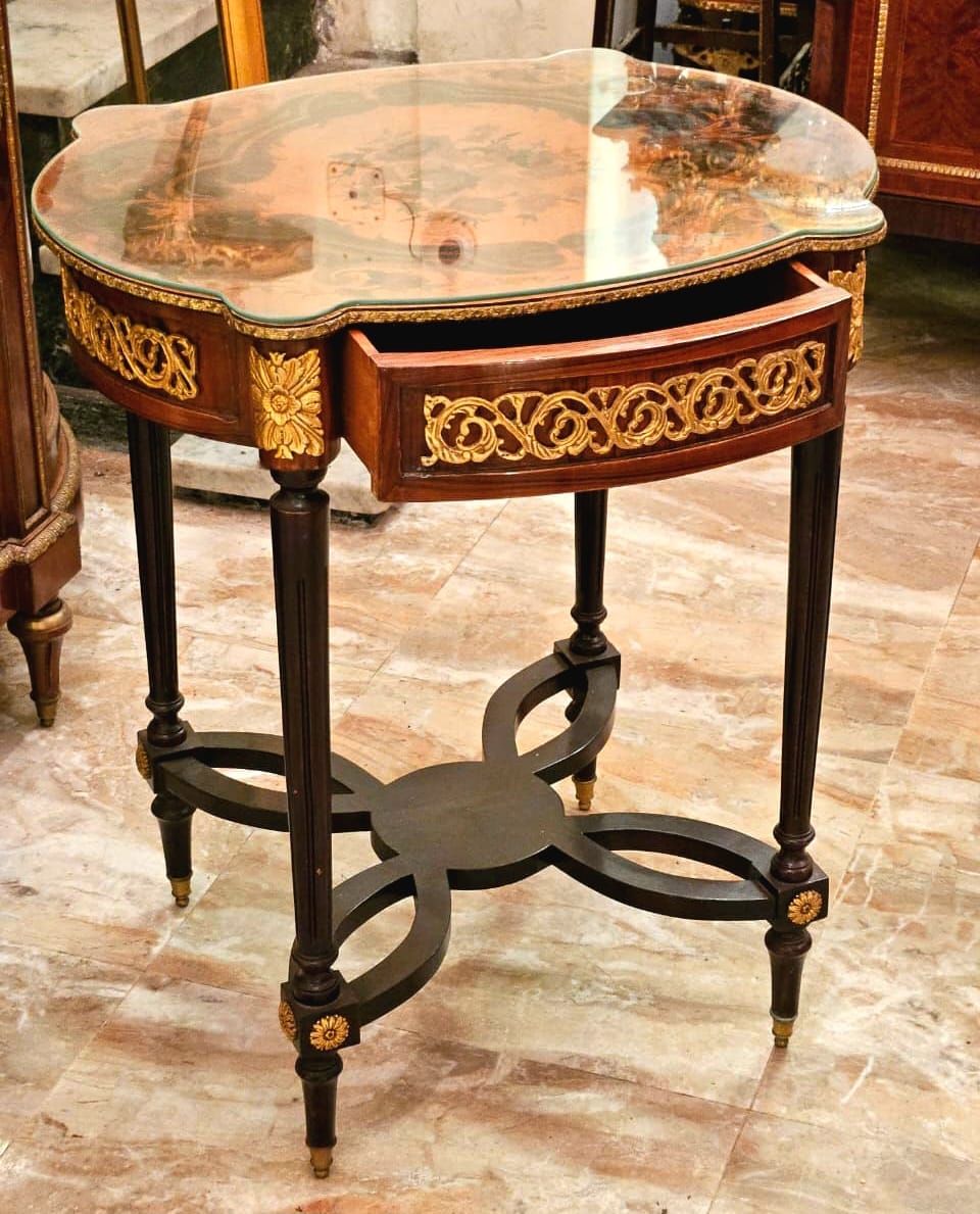 French Style Wood Side Table with Glass Top, Bronze Accents & Gold Leaf Details