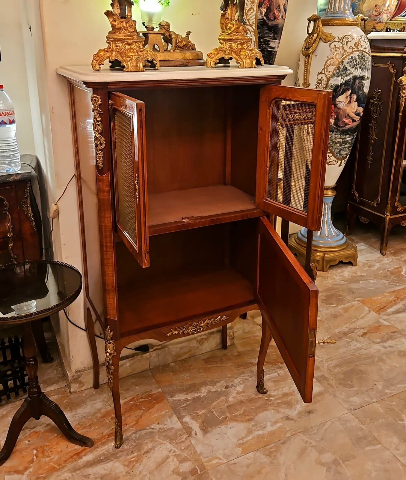 French Louis XVI Tall Commode Cabinet with Marble Top and Ornate Gold Accents