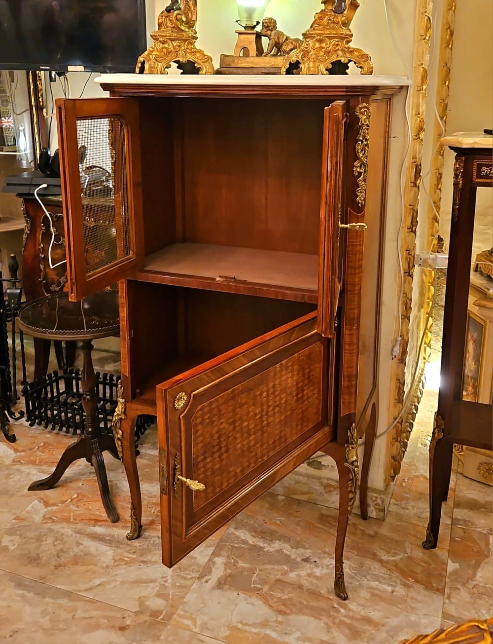 French Louis XVI Tall Commode Cabinet with Marble Top and Ornate Gold Accents