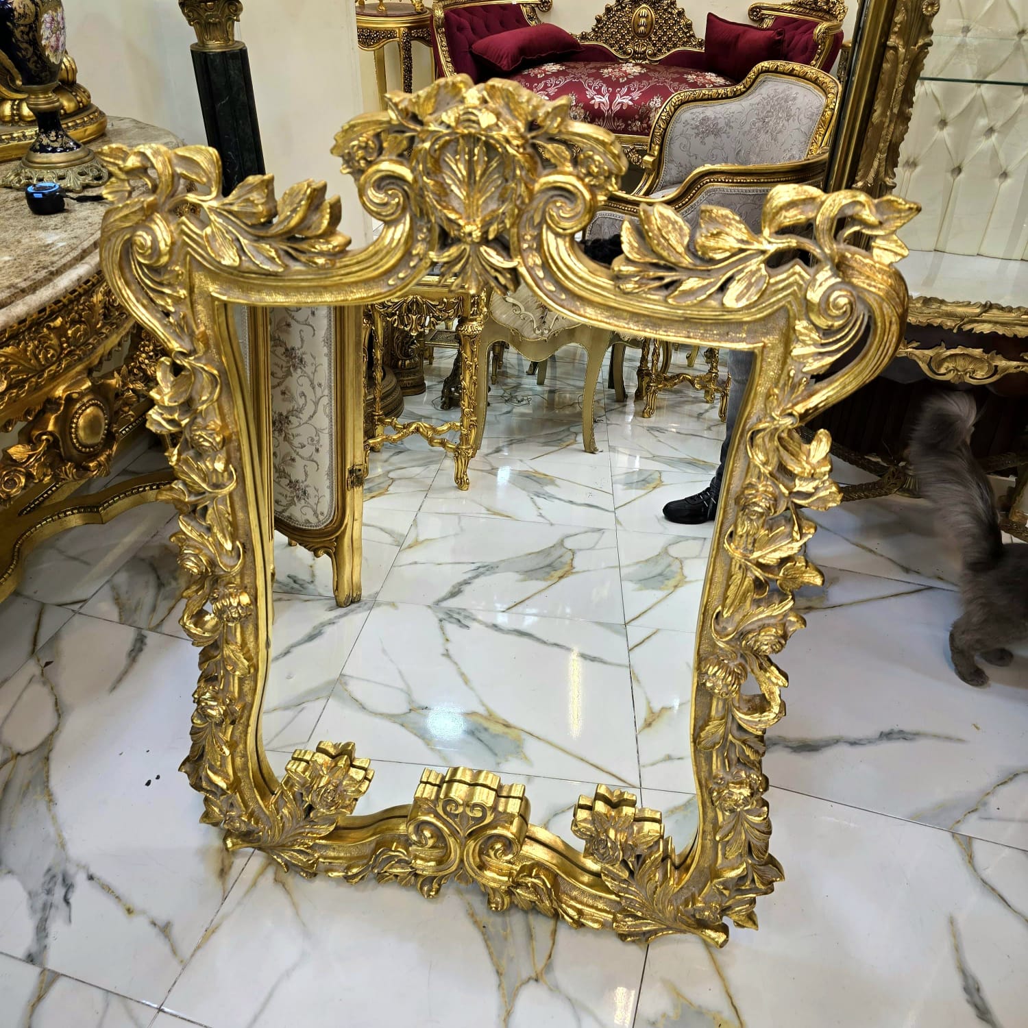 Vintage French Baroque Wall Mirror – Ornate Rococo Gold Leaf Frame