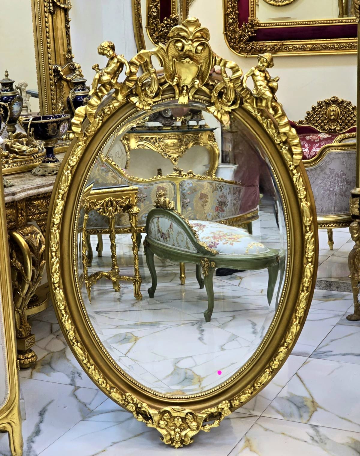 French Cherub Wall Mirror – Hand Carved Gold Leaf Frame with Ornate Floral Details