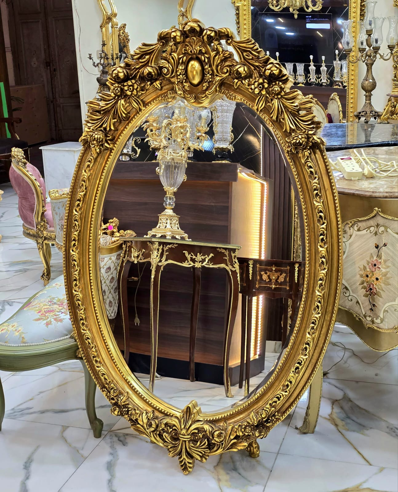 French Oval Wall Mirror – Hand Carved Gold Leaf Frame with Ornate Floral Details