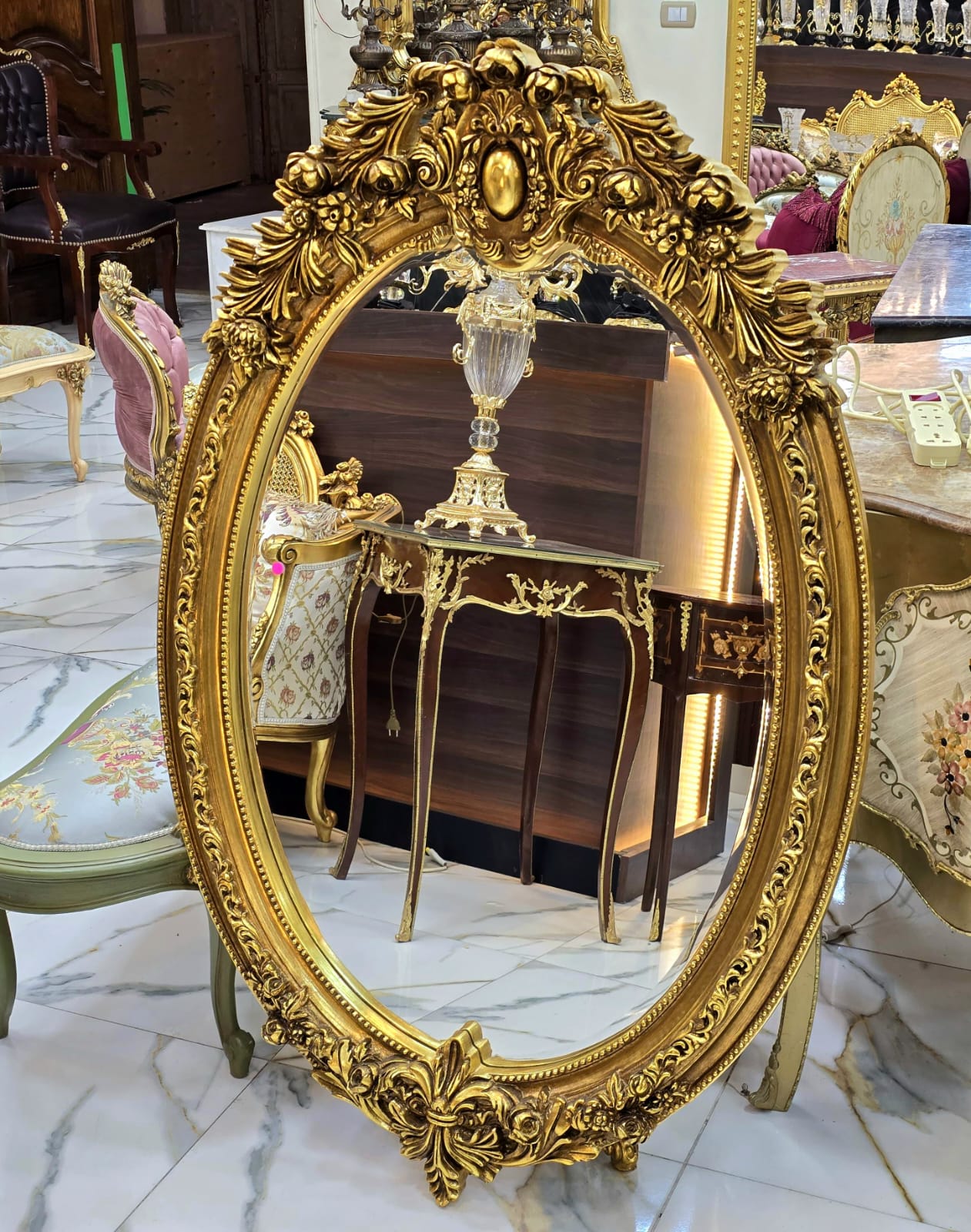 French Oval Wall Mirror – Hand Carved Gold Leaf Frame with Ornate Floral Details