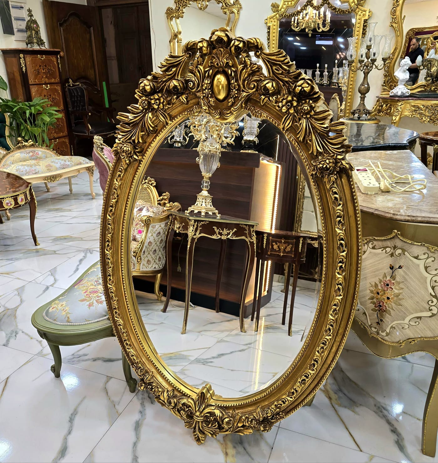 French Oval Wall Mirror – Hand Carved Gold Leaf Frame with Ornate Floral Details