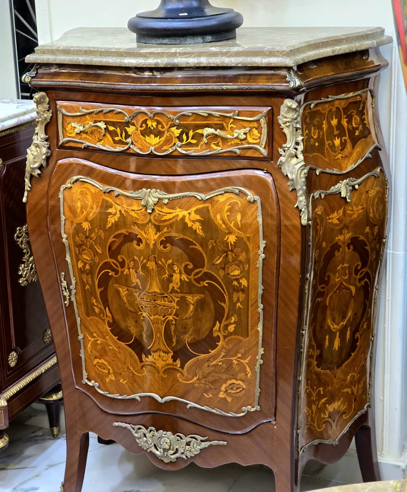 Louis XVI Style Marble Top Commode Cabinet – Luxury Marquetry with Gold Leaf Details