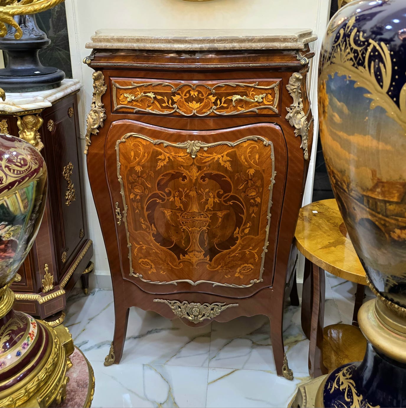 Louis XVI Style Marble Top Commode Cabinet – Luxury Marquetry with Gold Leaf Details