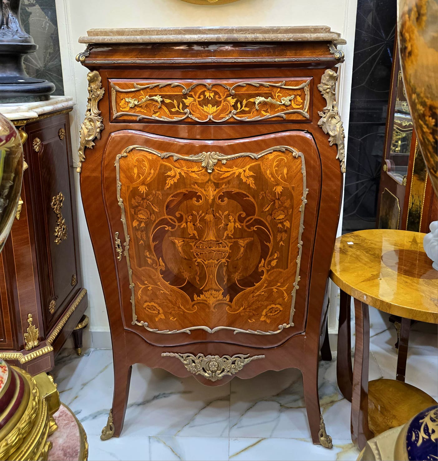 Louis XVI Style Marble Top Commode Cabinet – Luxury Marquetry with Gold Leaf Details