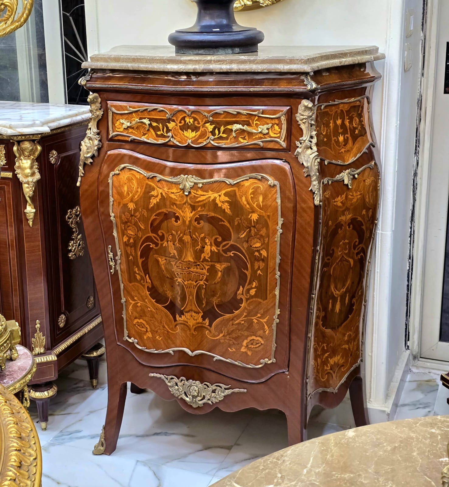 Louis XVI Style Marble Top Commode Cabinet – Luxury Marquetry with Gold Leaf Details