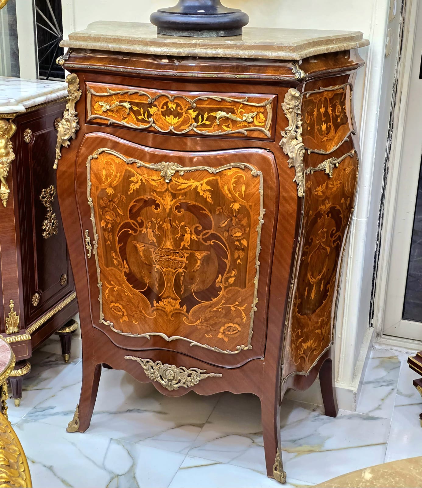 Louis XVI Style Marble Top Commode Cabinet – Luxury Marquetry with Gold Leaf Details