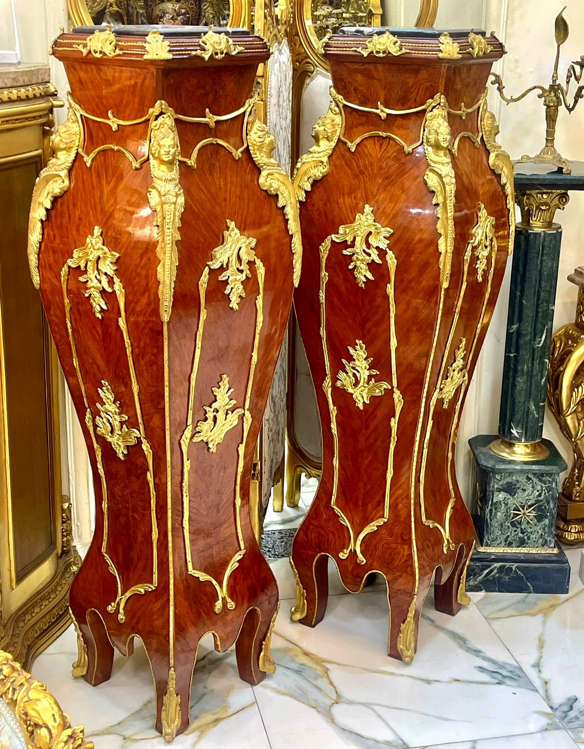 Pair of French Rococo Style Pedestal Columns – Multicolor Marble Tops with Bronze & Gold Leaf Details