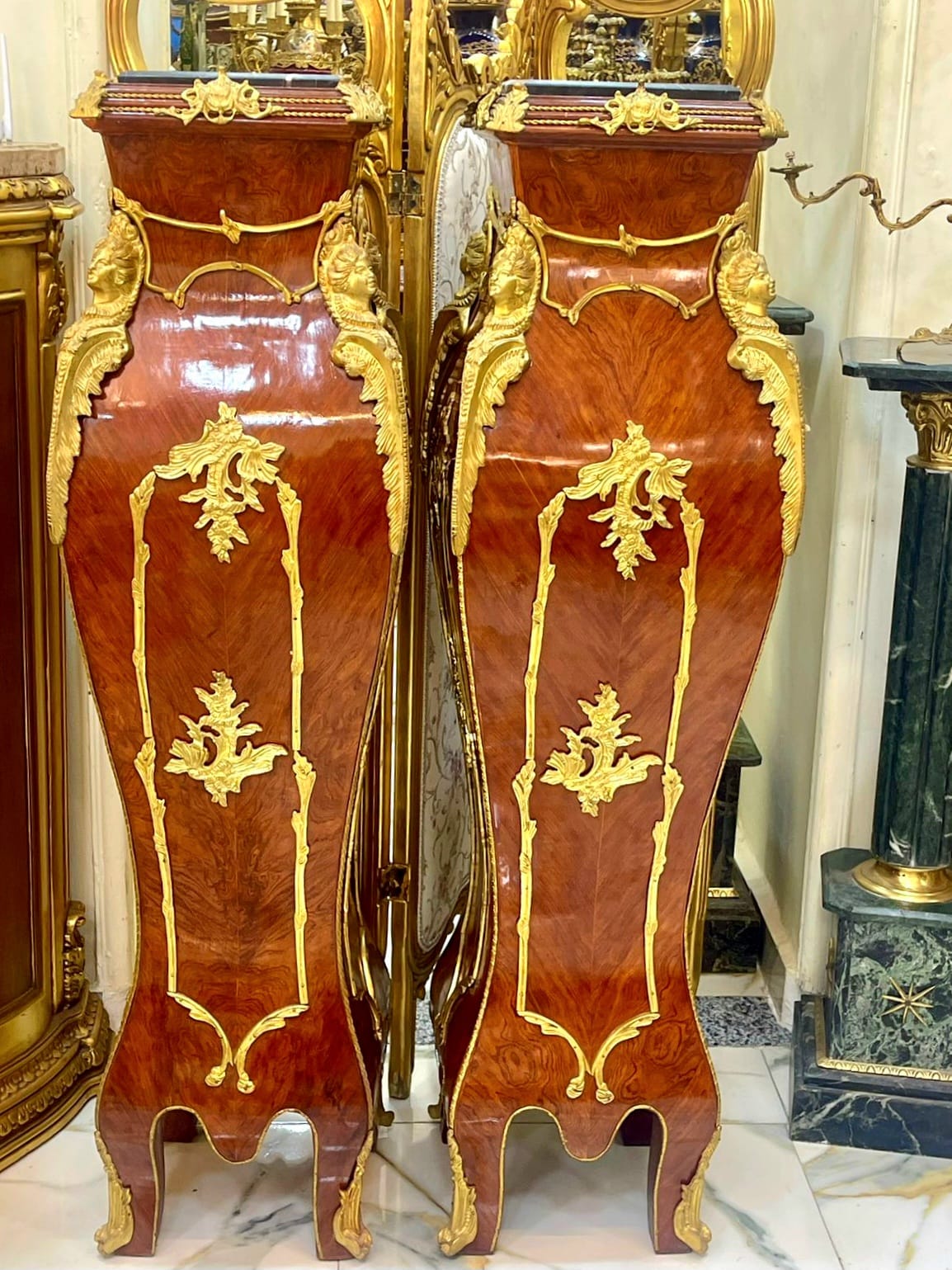 Pair of French Rococo Style Pedestal Columns – Multicolor Marble Tops with Bronze & Gold Leaf Details