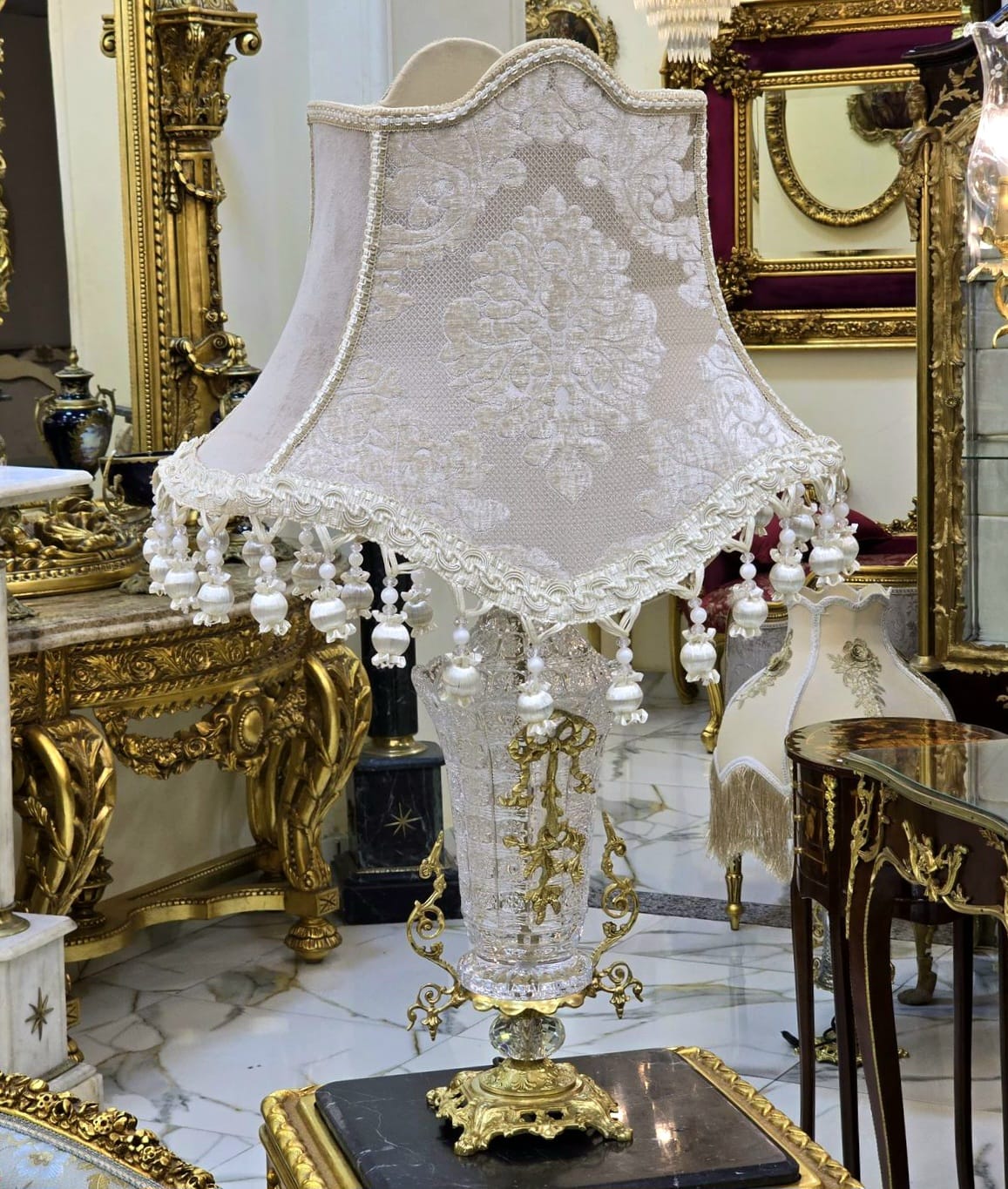 Romantic French Crystal Table Lamp – Ornate Gold Leaf Crystal Base with Hanging Details