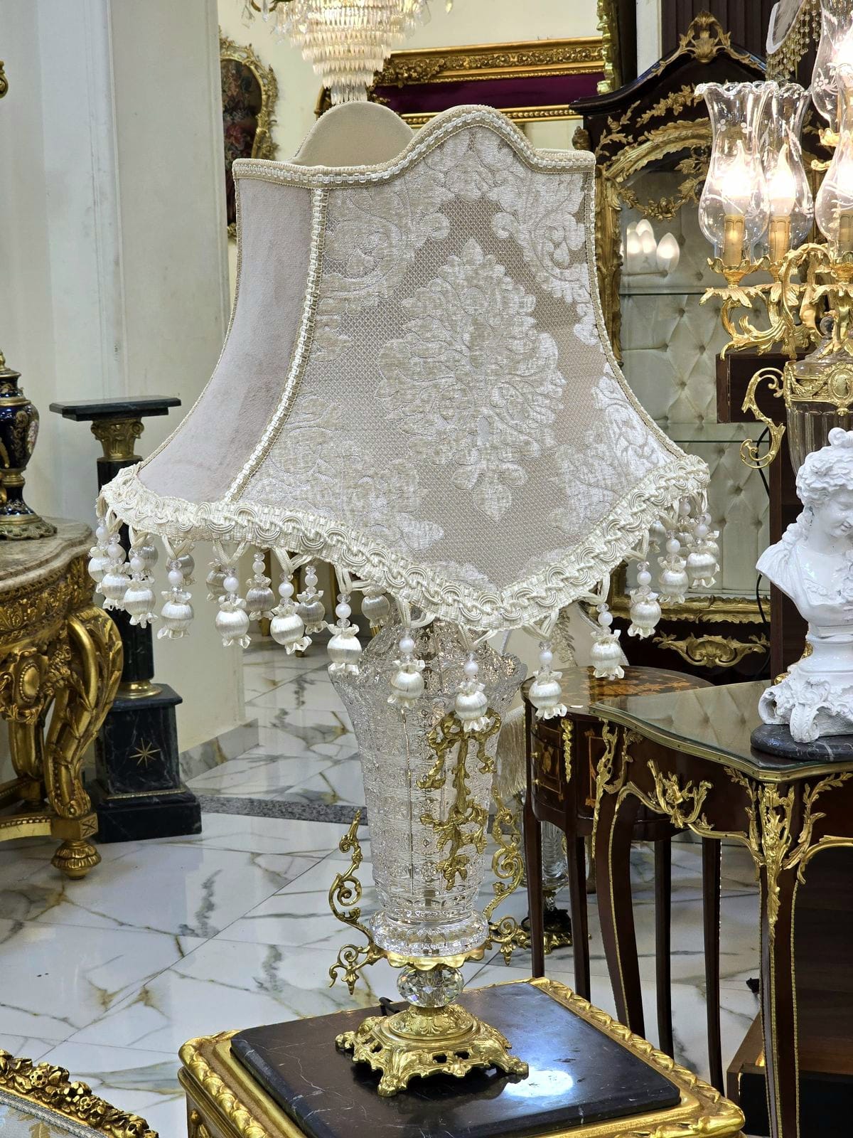 Romantic French Crystal Table Lamp – Ornate Gold Leaf Crystal Base with Hanging Details