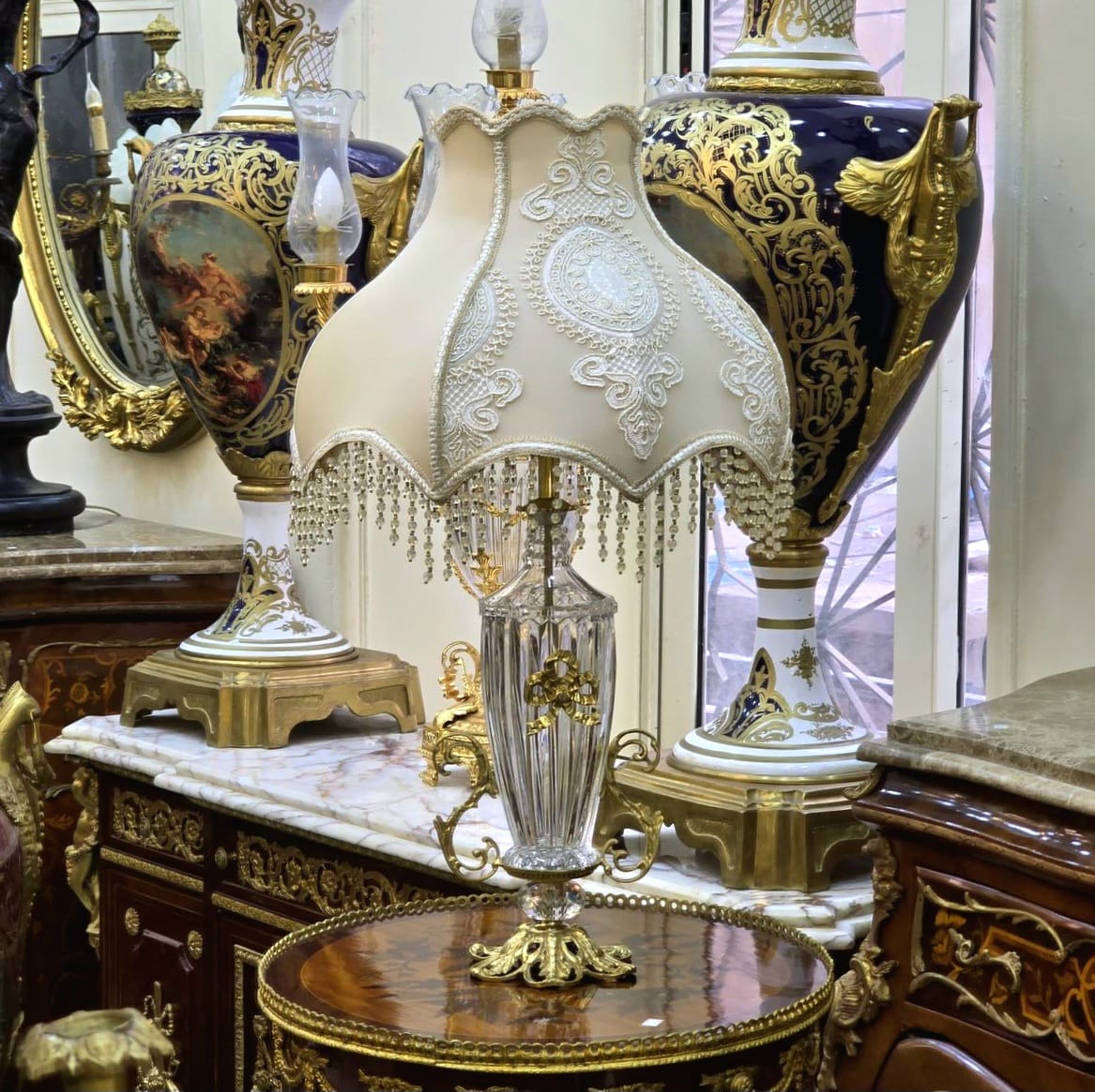 French Crystal Beige Table Lamp – Ornate Gold Leaf Base with Beaded Fringe Shade