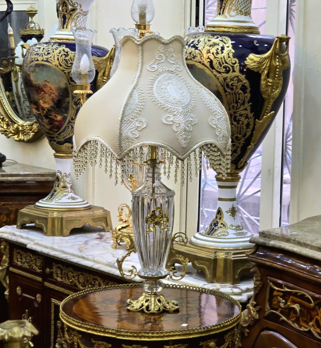 French Crystal Beige Table Lamp – Ornate Gold Leaf Base with Beaded Fringe Shade