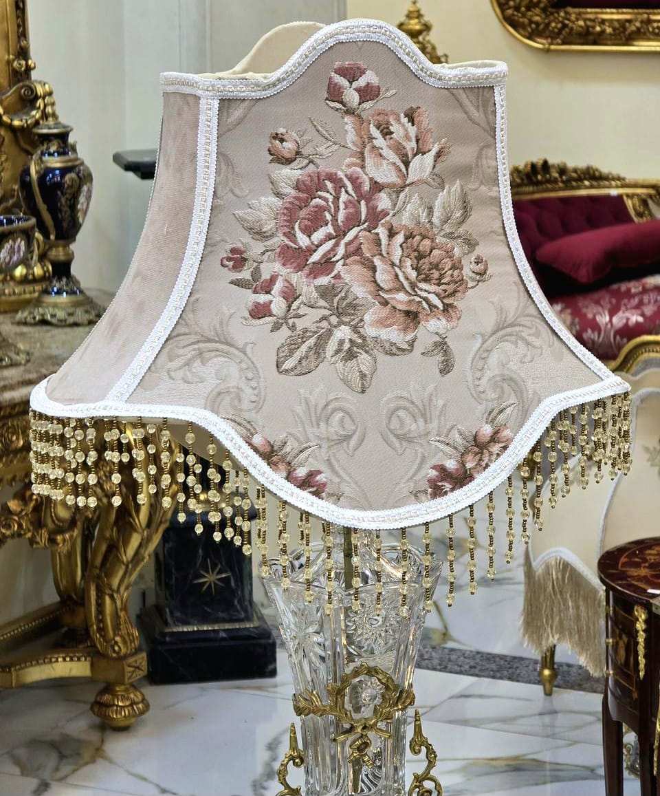 Romantic French Crystal Table Lamp – Blush Pink Shade with Gold Leaf & Hanging Crystal Details