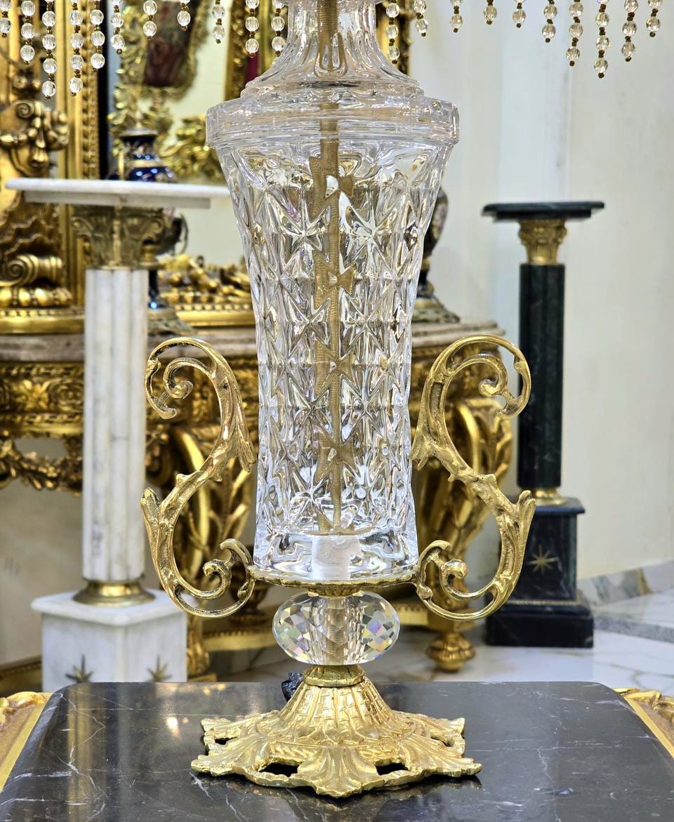 French Crystal Table Lamp – Ornate Gold Leaf Base with Beaded Fringe Shade