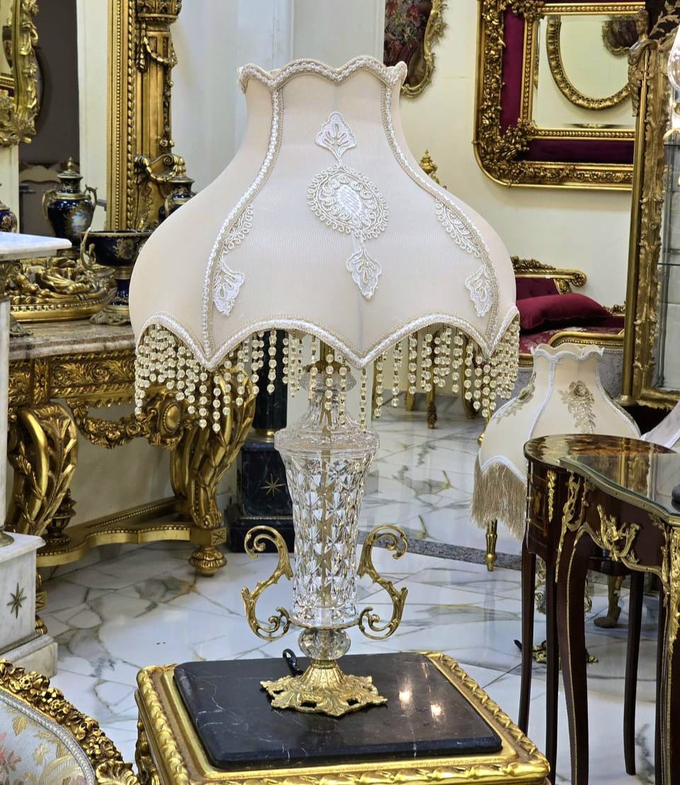 French Crystal Table Lamp – Ornate Gold Leaf Base with Beaded Fringe Shade