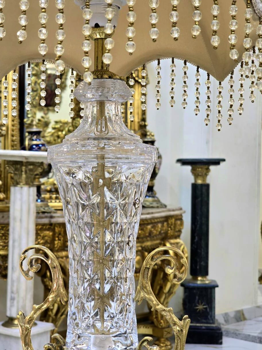 French Crystal Table Lamp – Ornate Gold Leaf Base with Beaded Fringe Shade